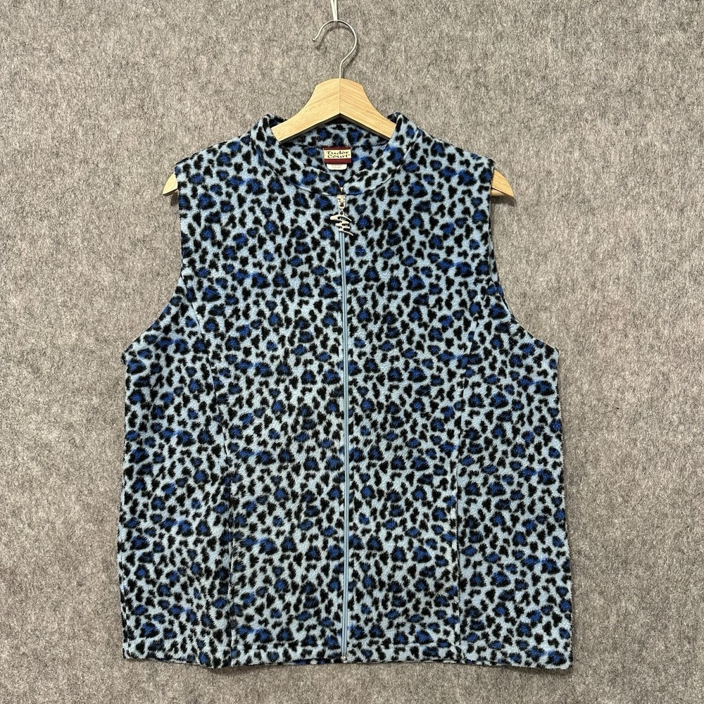 Vintage Tudor Court Fleece Vest Women's Blue Leopard Print Zip Up Size‎ L